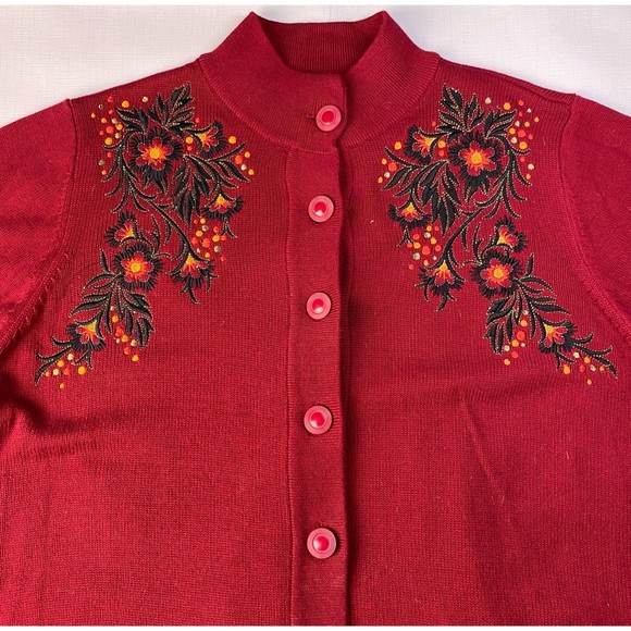 BOB MACKIE Cardigan EMBROIDERED Red Button Up LONG Sweater! FLORAL ART Sz 1X - Picture 3 of 16